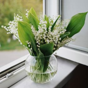 Bouquet de muguet dans un vase au bord d’une fenêtre 